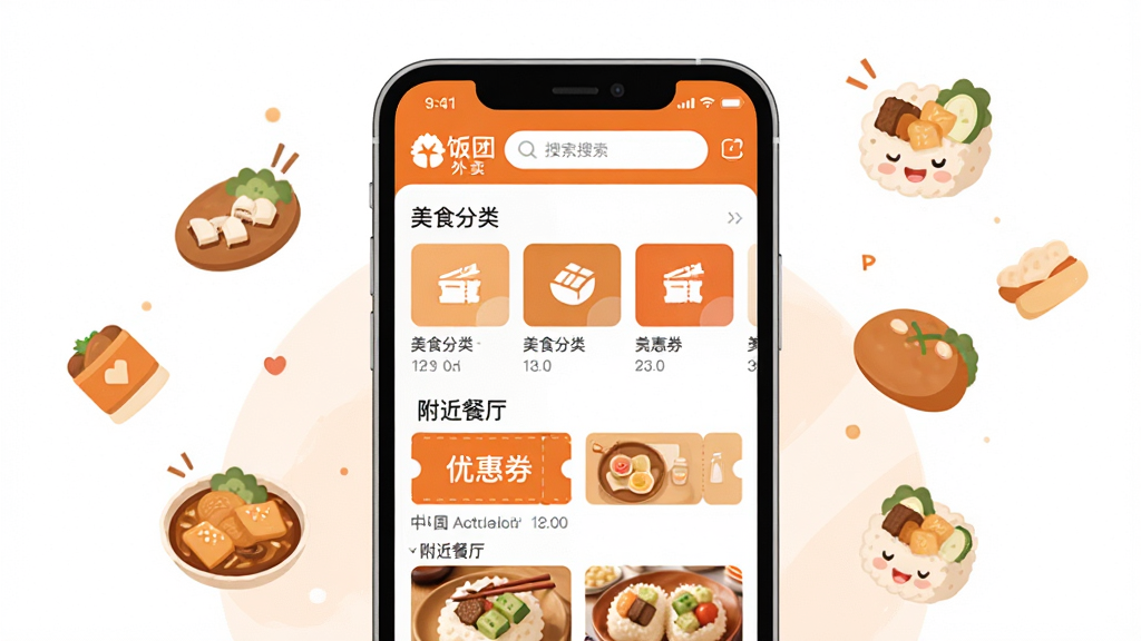 ���壺��������App����չʾ���ֻ���Ļ����ʾ�в������б����С�����������Ʒ�Ʊ�ʶ�����֣��ֻ����У�������������Χ��ʳ��ͼ��Ư�����Ű棺���������Ʒ��ɫ��ɫΪ�������԰�ɫ����������ִ���ƽ���廭�����ů���ã�ϸ�ڣ���Ļ����ʾ����ʳ���ࡱ�����Ż�ȯ���������������������������������������ʣ�������Ⱦ���ɾ����޶���Ԫ��