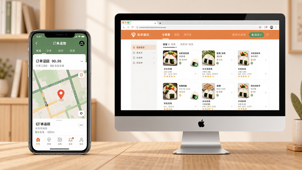 ���壺�ֻ��͵��Բ���չʾ��������App���棬�ֻ���ʾ����׷�٣�������ʾ��ҳ�棻���֣��ֻ���࣬�����Ҳ࣬����Ϊ����鷿���Ű棺�ԳƷֲ���ͻ�����豸ʹ�ã����дʵ��廭��ϣ�ɫ����ů��ϸ�ڣ��ֻ���Ļ��������λ�õ�ͼ��������Ļ�������Ĳ˵��б������ʣ����壬�ɾ����޶���Ԫ��