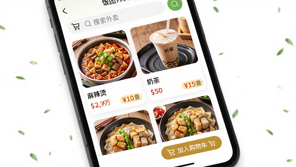 ���壺��������App���ĵ�ͽ��棬��ʾ�������̡������̲衱�����Ĳ�Ʒ�б������֣��ֻ��������棬�Ϸ��������·���Ʒ��Ƭ���Ű棺ͼ�Ĳ�ï���۸��������С����빺�ﳵ����ť�����������Ȼ��ʳ��ͼƬ���ˣ�ϸ�ڣ���Ʒ��Ƭ�����������ơ��۸��������ײ��й��ﳵͼ�ꣻ���ʣ����壬�ɾ����޶���Ԫ��