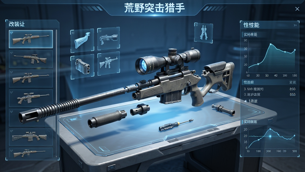 主体:游戏内武器改装界面,一把分解状态的狙击步枪零件悬浮在操作台上。布局:改装台居中,四周环绕着全息投影的配件图标与性能数据面板。排版:界面UI采用科幻感的全息透明风格,左侧为零件列表,右侧为武器性能实时变化曲线。风格:科技感与写实风格结合,蓝白主色调,光线明亮通透。细节:枪管膛线、瞄准镜内部刻度、不同材质配件的纹理差异。画质:超清渲染,细节丰富,干净无多余元素。图片中文字:“荒野突击猎手”