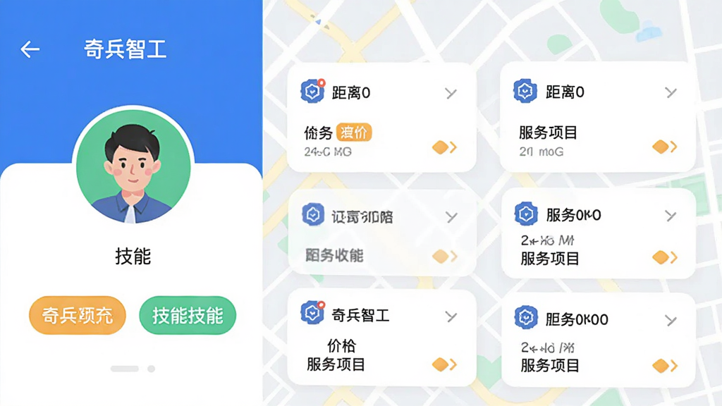 画面主体为“奇兵智工”App的订单匹配界面,左侧为用户头像和技能标签,右侧为多个订单卡片,卡片上显示距离、价格、服务项目,背景为轻量地图网格,布局清晰对称,风格扁平化且色彩明快,细节突出AI匹配算法图标,画质干净无多余元素