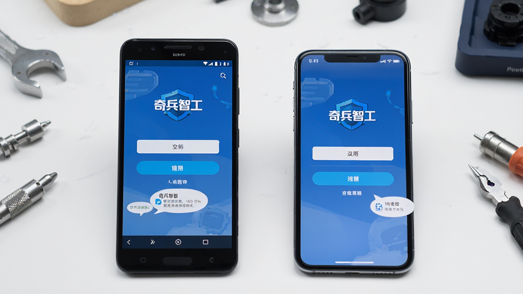 画面主体为一部安卓手机和一部苹果手机并排摆放,屏幕中显示“奇兵智工”App的登录界面,背景为简洁的桌面和工具零件,布局左右对称,风格写实明亮,细节包括手机型号差异和操作提示气泡,画质高清干净,无多余元素