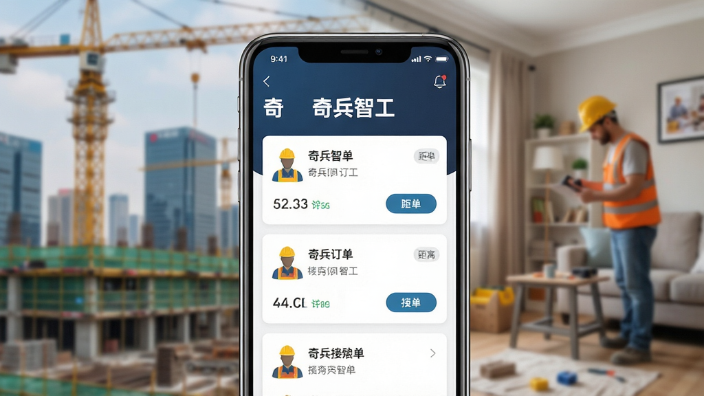 画面主体为一款名为“奇兵智工”的智能手机应用界面展示,手机屏幕中清晰显示“奇兵智工”字样和工人接单列表页面,背景为模糊的城市工地与家庭维修场景,布局采用手机居中构图,界面UI简洁现代,风格写实且充满科技感,细节包括订单卡片、距离标识、接单按钮,画质高清干净,无多余元素