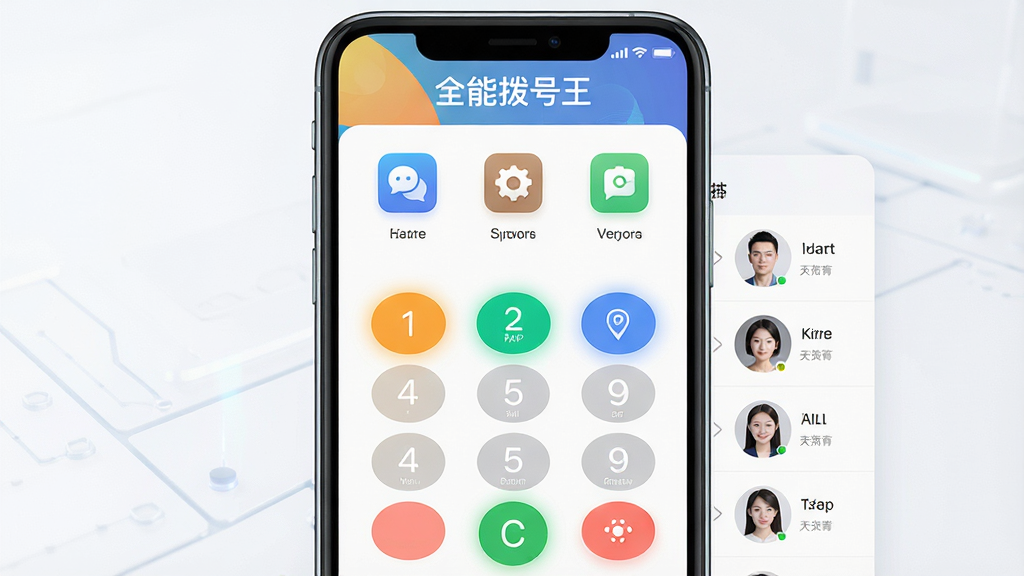 主体:全能拨号王APP界面展示,手机屏幕显示拨号键盘和联系人列表;布局:手机居中,界面清晰,上方有软件名称“全能拨号王”字样;排版:简洁大方,功能图标排列整齐;风格:现代科技感,色彩明快;细节:拨号键高亮,联系人头像清晰;画质:高清渲染,干净无多余元素