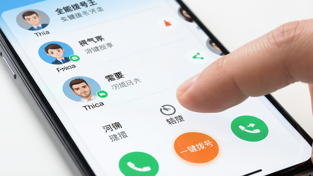 主体:全能拨号王一键拨号功能演示,手指点击联系人头像;布局:手机屏幕特写,拨号界面简洁;排版:联系人列表清晰,拨号按钮醒目;风格:写实风格,界面明亮;细节:显示“一键拨号”文字提示;画质:高清,干净无多余元素