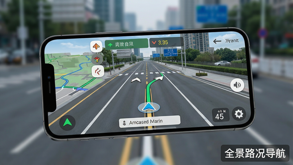 主体:手机屏幕展示全景路况导航应用界面,屏幕中显示逼真的道路实景与箭头指示标线。布局:手机位于画面中央,屏幕内容清晰可见,背景为虚化的城市道路环境。排版:手机略微倾斜,突出屏幕画面,界面元素包括地图、路况信息条、速度指示。风格:现代科技感,高清写实风格。细节:屏幕中道路标线清晰,导航箭头悬浮于实景之上,画面右下角有“全景路况导航”字样水印。画质:4K超高清,干净,无多余元素。