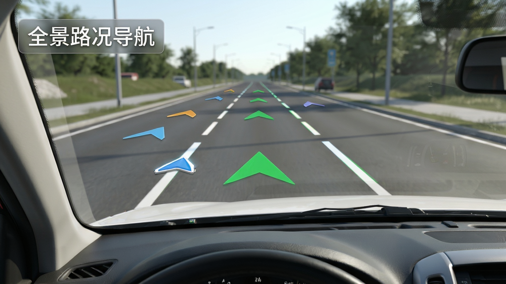 主体:车辆挡风玻璃视角,前方道路实景上叠加着全景路况导航的虚拟箭头和车道线。布局:画面模拟驾驶者第一视角,道路延伸至远方,导航信息悬浮在路面之上。排版:箭头指引清晰醒目,道路两侧环境干净。风格:写实驾驶模拟风格,光线自然。细节:画面中道路标线清晰,绿色导航箭头指向明确,左上角有“全景路况导航”半透明标识。画质:高清晰度,干净,无多余元素。