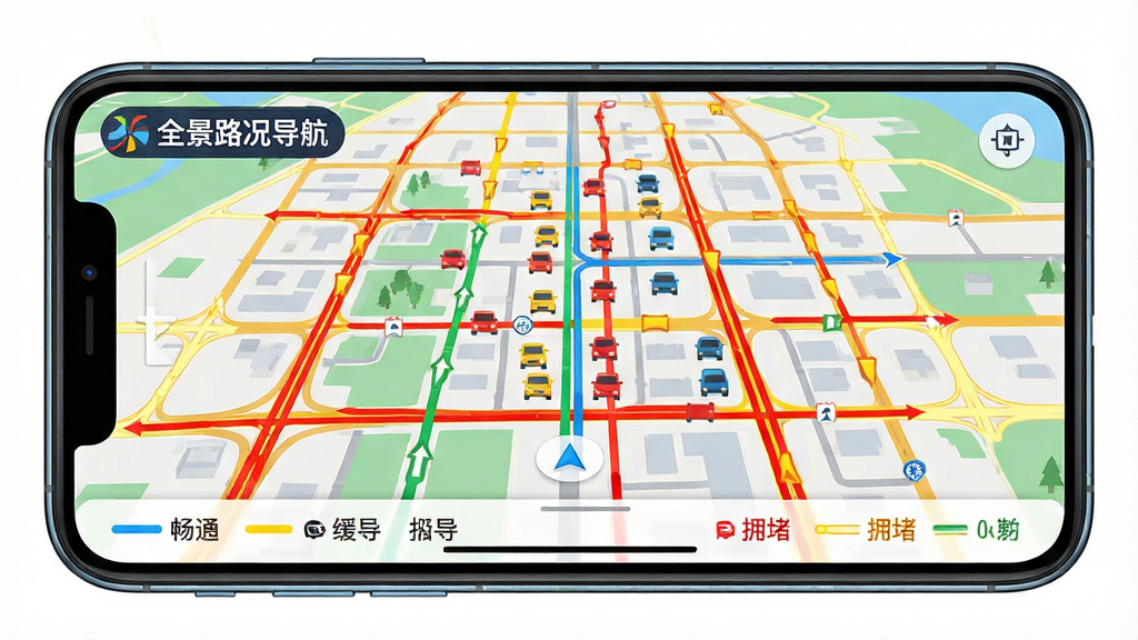 主体:智能手机横屏显示全景路况导航的城市路况图,不同颜色线条代表畅通、缓行、拥堵状态。布局:地图占据屏幕主体,图例和路况信息条位于屏幕底部。排版:色彩区分度高,道路网络清晰可见。风格:扁平化信息图风格,色彩鲜明。细节:红色和黄色线条在道路网中清晰可见,屏幕有“全景路况导航”的Logo标识在左上角。画质:高清,干净,无多余元素。