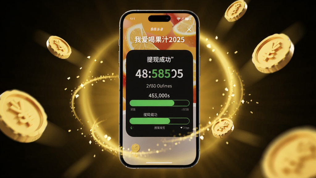 主体为一部手机展示“我爱喝果汁2025”的提现成功界面,手机周围有金色光效与金币装饰,布局居中,风格为3D渲染,细节包括屏幕内的数字与进度条,画质干净,无多余元素,图片中文字标注“我爱喝果汁2025”提现预览