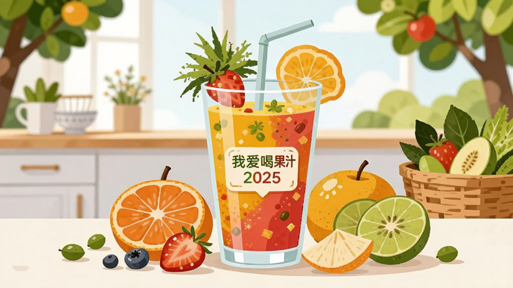 主体为一杯色彩鲜艳的鲜榨混合果汁,旁边散落着新鲜水果,背景是明亮的厨房或果园场景,整体布局居中,采用扁平化插画风格,细节丰富,画质干净,无多余元素,图片中文字标注“我爱喝果汁2025”预览图