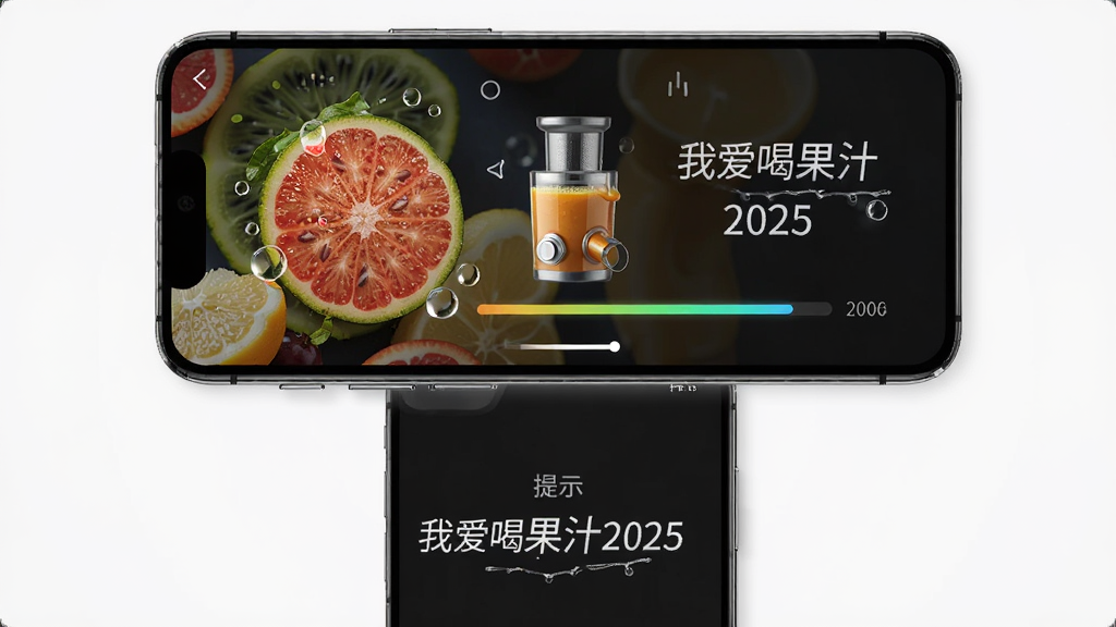 主体为手机界面显示榨汁过程动画,界面中有水果、榨汁机图标及进度条,布局为上下结构,上屏为操作区,下屏为提示文字,风格为高清UI设计,细节包括水果纹理与水滴效果,画质干净,无多余元素,图片中文字标注“我爱喝果汁2025”特色预览