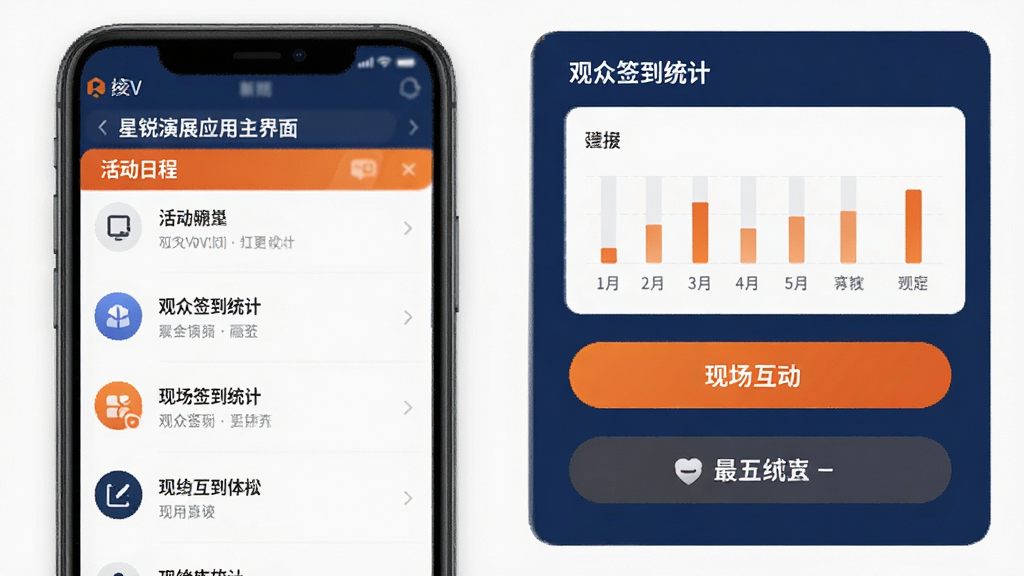 星锐演展应用主界面展示,包含活动日程列表、观众签到统计、现场互动按钮等核心功能模块,采用深蓝色与橙色搭配的现代商务风格,界面布局清晰,图标精致,手机竖屏展示,高分辨率,干净无多余元素