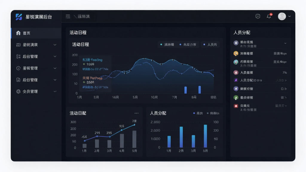 星锐演展后台管理界面,左侧为功能菜单栏,右侧显示活动日程编辑与人员分配面板,整体采用深色主题,数据图表清晰,界面专业,商务科技风格,干净整洁,无多余元素