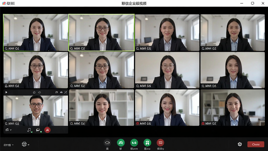 联信企业版视频会议界面图,主体为多人视频通话画面,布局网格展示参会者视频窗口,风格写实,细节包含屏幕共享内容与会议控制栏,画质清晰