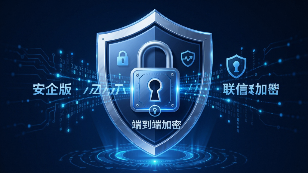 联信企业版安全加密功能展示图,主体为盾牌图标与数据流结合,布局中央突出加密锁样式,风格科技感,细节包含“端到端加密”字样,画质干净清晰