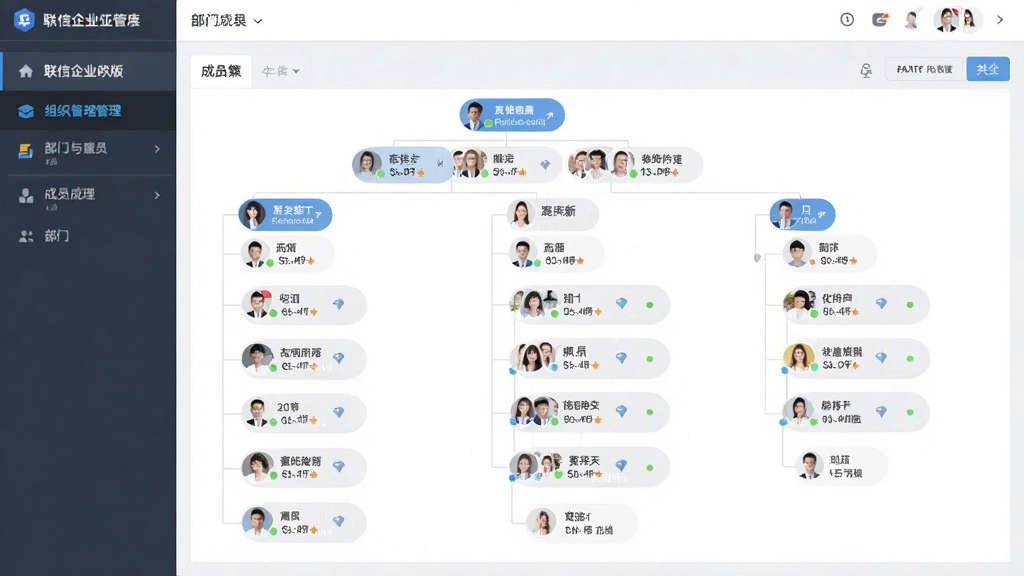 联信企业版组织架构管理界面图,主体为层级树形结构图,布局清晰展示部门与成员节点,风格扁平化,细节包含头像和在线状态标识,画质干净