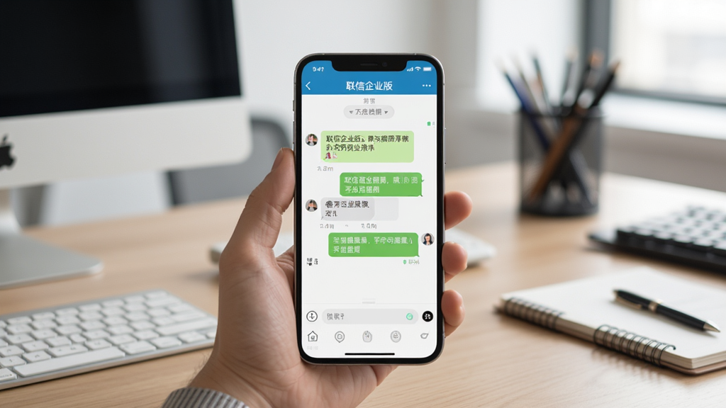 联信企业版移动端使用场景图,主体为手机展示聊天界面,布局居中,背景为办公桌,风格自然,细节包含手机上的联信企业版界面,画质清晰干净