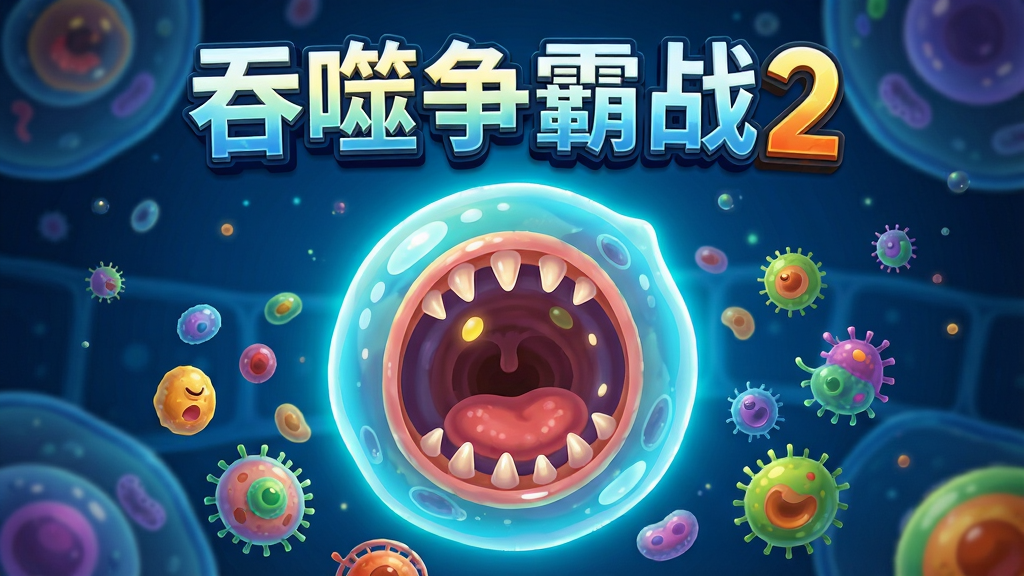 一幅充满活力的游戏宣传海报,主体是《吞噬争霸战2》中的核心角色一个巨大的、发光的细胞生物,它张着大嘴,周围环绕着许多微小的、五颜六色的其他细胞。背景是深邃的蓝色微观世界,有模糊的细胞壁和漂浮的微小颗粒。画面中央上方有游戏名称“吞噬争霸战2”的艺术字,字体有光泽和立体感。整体风格卡通渲染,色彩鲜艳,对比度高,画质清晰,干净无多余元素。