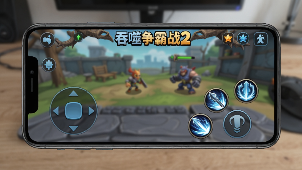 一张手机游戏操作界面的示意图,主体是手机屏幕,屏幕上显示《吞噬争霸战2》的游戏界面,包括虚拟摇杆和技能按钮。背景是模糊的桌面场景。图片风格写实,细节清晰,画质干净,无多余元素。