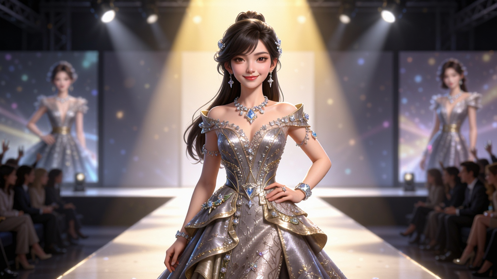旗舰级3D时尚换装手游《以闪亮之名》主视觉图,一位身着精致华丽高定礼服的年轻女性角色站在璀璨聚光灯下,自信微笑。画面采用电影级光影渲染,突出服装面料的质感与珠宝的璀璨。背景是充满现代感的T台与梦幻光影,整体风格时尚、唯美、高端。构图居中,人物为主体,布局大气,细节丰富,画质细腻干净,无多余元素。