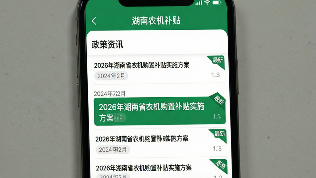 主体为一张电脑屏幕或手机截图的展示画面,屏幕上呈现“湖南农机补贴”APP内“政策资讯”板块,列表展示多条政策标题,其中一条高亮显示“2026年湖南省农机购置补贴实施方案”。布局为上下结构,上方是APP标题栏,下方是资讯列表。风格为扁平化UI设计,色彩以绿色和白色为主,符合政务应用的稳重感。细节上,每条资讯带有日期标签和“最新”角标,界面清晰易读。画质高清,干净,无多余元素。