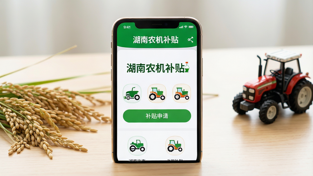主体为一部智能手机屏幕占据画面中心,屏幕上清晰显示“湖南农机补贴”APP的首页界面,包含绿色主色调的导航栏、补贴申请按钮和农机图案图标。手机置于一个简约木质桌面上,旁边散落着几株稻穗和一台小型拖拉机模型。布局采用居中构图,手机屏幕亮起,界面文字“湖南农机补贴”清晰可读。整体风格写实,光线明亮柔和,背景虚化处理突出主体。细节上,手机边框金属质感,屏幕内容排版整洁,色彩鲜明。画质高清,干净,无多余元素。