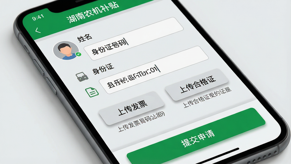 主体为一部智能手机屏幕特写,屏幕显示“湖南农机补贴”APP的补贴申请表单页面,包含用户头像、姓名、身份证号码输入框,以及“上传发票”、“上传合格证”等按钮,页面底部有“提交申请”的绿色大按钮。布局为上下滚动式表单,每项都有小图标和说明文字。风格为简洁的移动端界面设计,色彩以浅灰和绿色为主。细节上,部分输入框已填写示例信息,按钮带有阴影效果。画质清晰,干净,无多余元素。