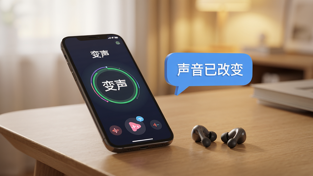 主体为一部手机与耳机放在桌面上,屏幕显示“变声”应用运行中,旁边有气泡对话框写着“声音已改变”,背景为柔和室内光,布局自然,风格写实,细节清晰,画质干净,无多余元素