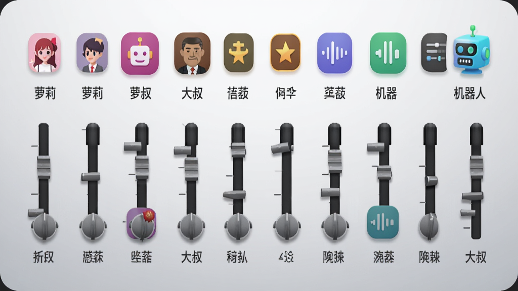 主体为彩色音色图标阵列展示,像调音台一样排列,每个图标下方有标签如“萝莉”“大叔”“机器人”,背景为浅灰色渐变,布局整齐,风格清新简约,细节清晰,画质干净,无多余元素