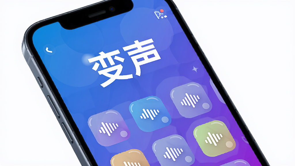 主体为一部智能手机屏幕显示变声软件主界面,界面中央有“变声”两个大字和多个音色图标排列,背景为渐变色科技蓝紫调,布局简洁,UI圆润,风格现代扁平化,细节高光,画质清晰干净,无多余元素