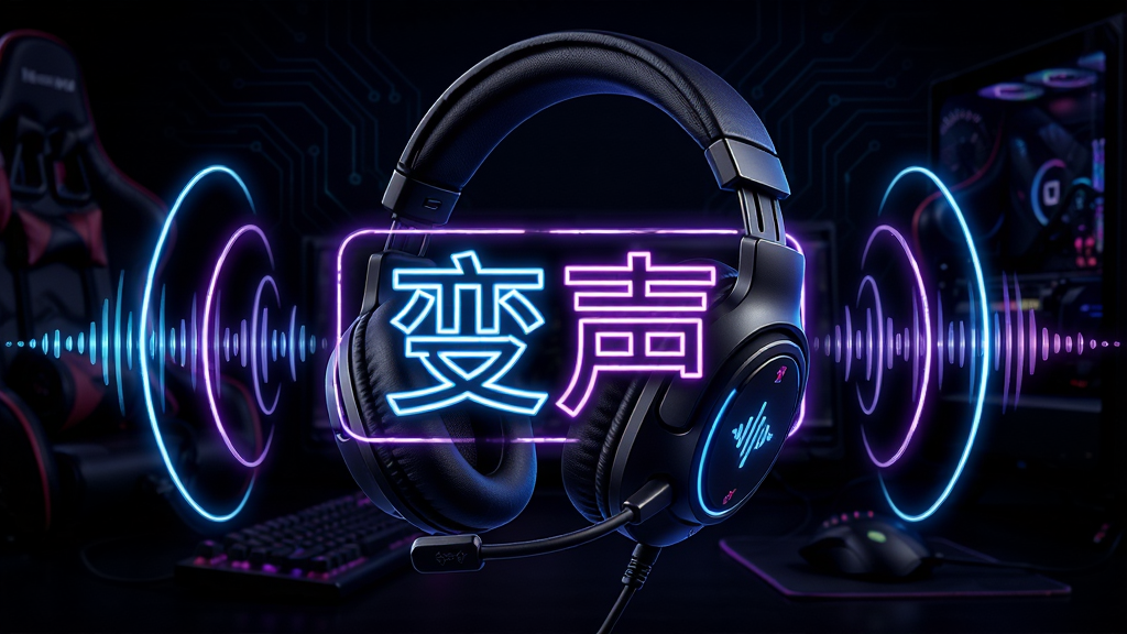 主体为游戏耳机与声波波纹特效,背景为深色电竞风格,中央显示“变声”软件名称的霓虹灯字样,布局左右平衡,声波线条环绕耳机,风格科技感强,细节丰富,画质高清,无多余元素
