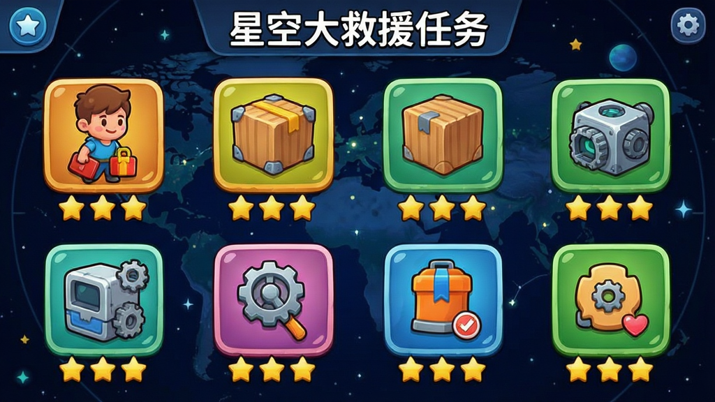 游戏画面展示多个任务图标,包括救人、运货、修设备等,每个图标下方有星星评级,背景是星空地图,画面布局整齐,界面UI清晰,卡通风格,色彩明亮,细节丰富,画质干净,无多余元素,文字标注为“星空大救援任务”。