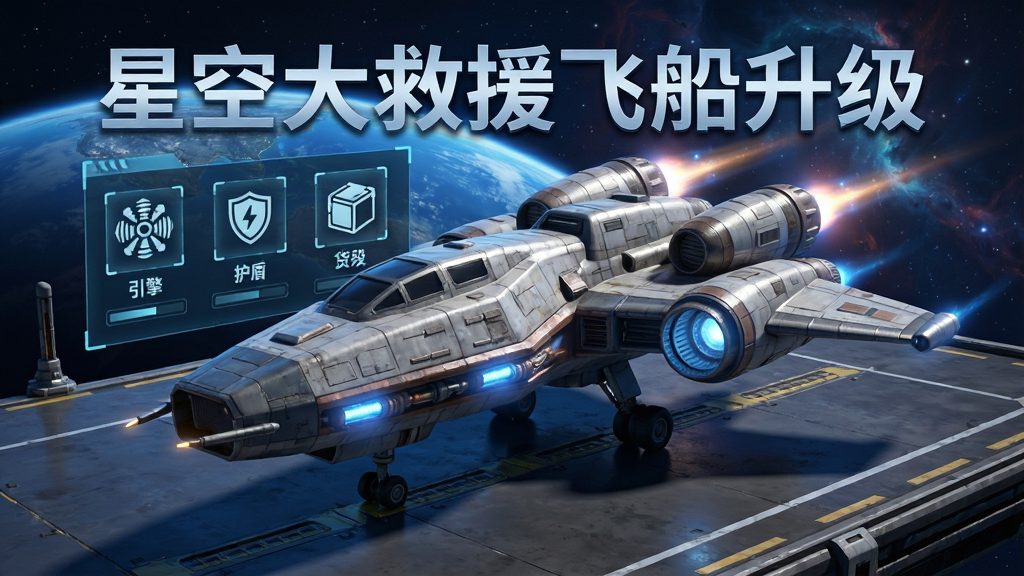 飞船停靠在太空港,周围有升级菜单,显示引擎、护盾、货舱等图标,飞船外观炫酷,带有光效,背景为蓝色星球和星云,3D渲染风格,画面精致,细节丰富,画质清晰,无多余元素,文字标注为“星空大救援飞船升级”。