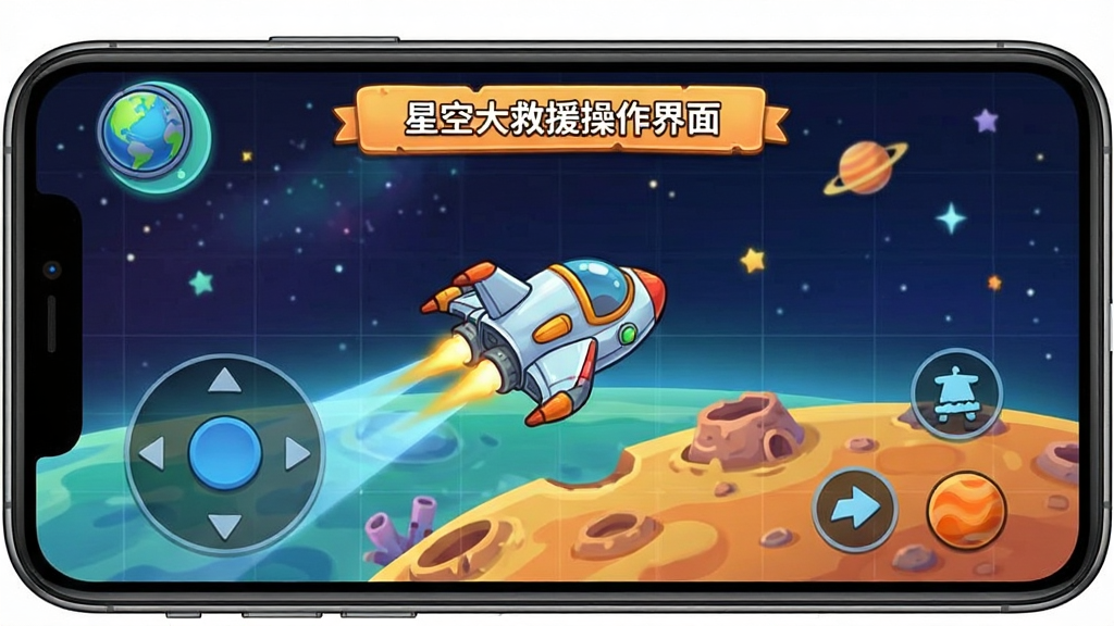 手机横屏游戏画面,屏幕下方有虚拟摇杆,上方显示任务提示,飞船在星球表面飞行,背景是星空,界面简洁,卡通风格,色彩明亮,画质清晰,无多余元素,文字标注为“星空大救援操作界面”。