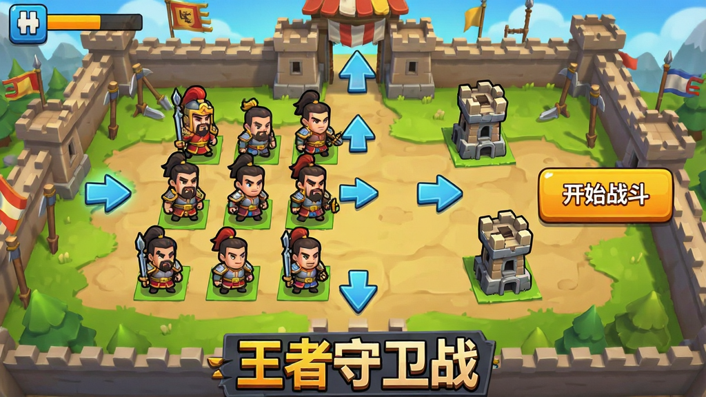 王者守卫战新手引导画面,展示武将布阵和防御塔建造操作,屏幕上有箭头指示,背景为战场,UI有“开始战斗”按钮,风格卡通,色彩明亮,游戏名称“王者守卫战”在底部,画质高清,干净无多余元素