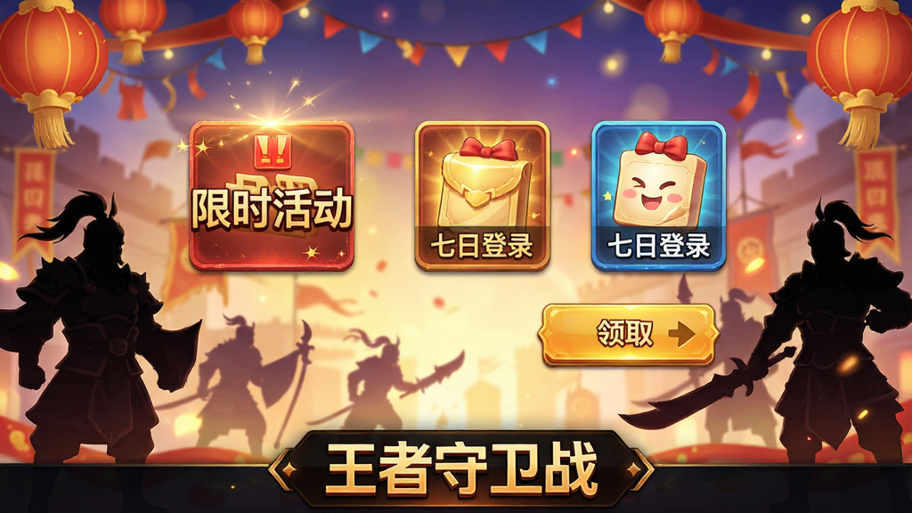王者守卫战活动界面,展示“限时活动”、“七日登录”等图标,背景为节日庆典风格,有武将剪影,UI有“领取”按钮,色彩喜庆,游戏名称“王者守卫战”在底部,画质高清,干净无多余元素