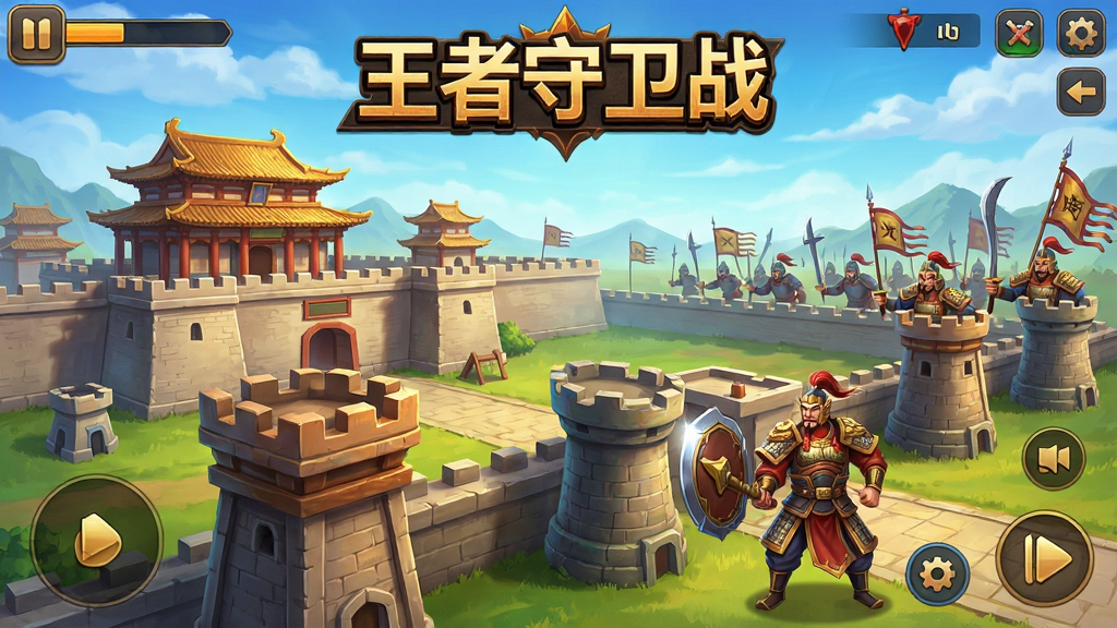 王者守卫战游戏主界面截图,展示三国风格城池,前景有防御塔和武将,远处敌军来袭,画面精致,色彩鲜明,UI布局清晰,游戏名称“王者守卫战”置于顶部中央,画质高清,干净无多余元素