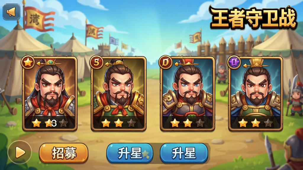 王者守卫战武将界面,展示多个三国武将卡牌,每个卡牌有立绘和星级,背景为军营,UI有“招募”、“升星”按钮,风格为Q版三国,色彩明亮,游戏名称“王者守卫战”在右上角,画质高清,干净无多余元素