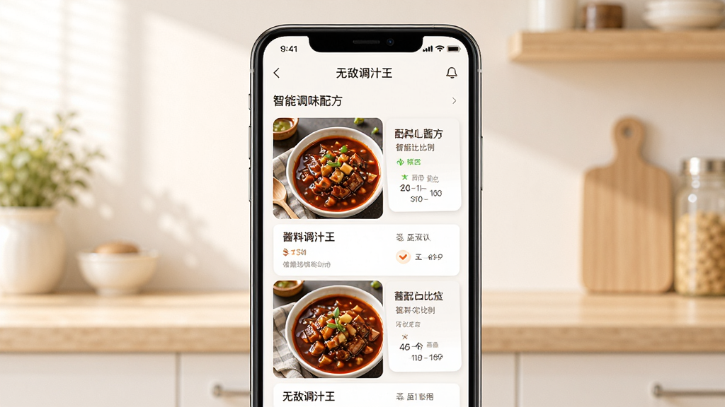 无敌调汁王应用主界面预览图,展示智能调味配方列表,主体为手机屏幕居中,布局清晰,排版简洁现代,风格明亮温馨,细节包括酱汁成品图与配料比例卡片,画质高清,干净无多余元素