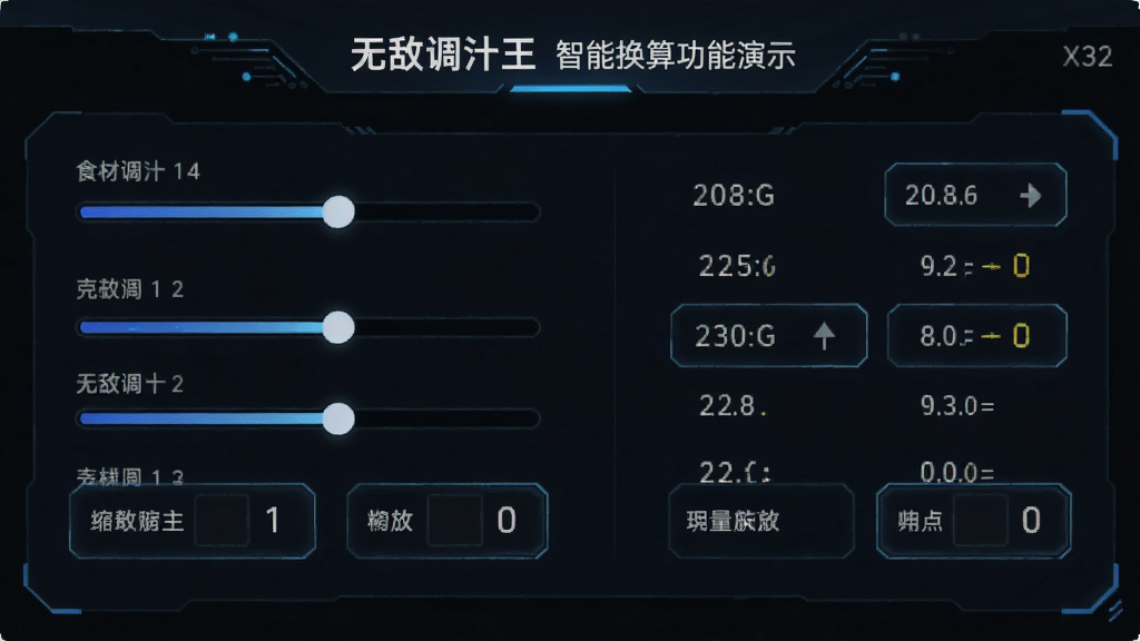 无敌调汁王智能换算功能演示,主体为食材比例调整界面,布局包含滑动条和数字输入框,排版直观明了,风格科技感,细节显示按比例缩放后的用量变化,画质清晰,无多余元素