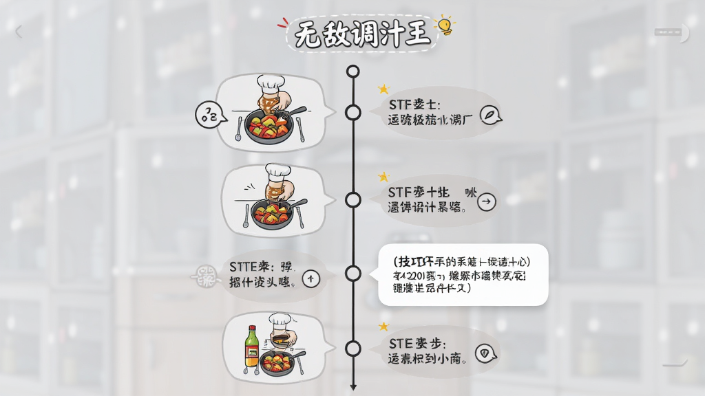 无敌调汁王操作步骤指导界面,主体为分步教学页面,布局采用纵向时间线样式,排版清晰有序,风格简约实用,细节包含步骤插图与技巧弹窗,画质高清,无多余元素