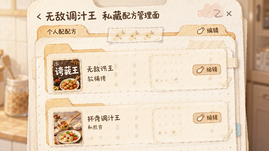 无敌调汁王私藏配方管理界面,主体为个人配方列表,布局采用文件夹式收纳,排版整洁,风格温暖手账风,细节显示自定义封面和编辑按钮,画质柔和,无多余元素