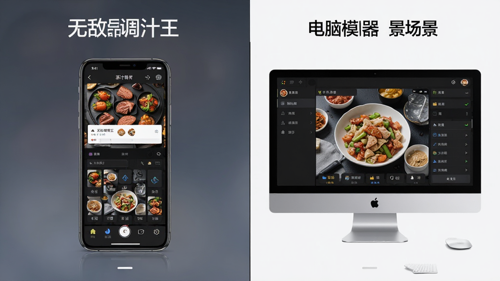 无敌调汁王手机与电脑模拟器使用场景对比图,主体为分屏画面,左为手机,右为电脑模拟器,布局对称,排版清晰,风格写实,细节显示应用界面内容,画质高清,干净无多余元素