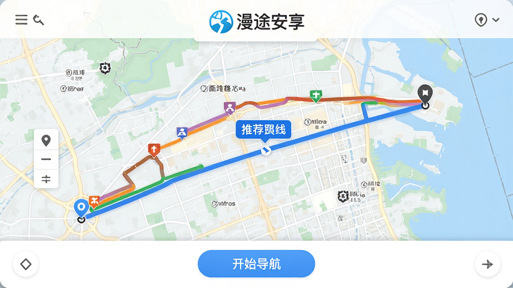 展示漫途安享智能路线规划功能的界面截图,画面中央显示一张放大的城市地图,多条彩色路线从起点延伸到终点,其中一条蓝色高亮路线被标记为推荐路线,地图上方有“漫途安享”的logo,界面下方有“开始导航”按钮,整体风格简洁清晰,画质高清,无多余元素