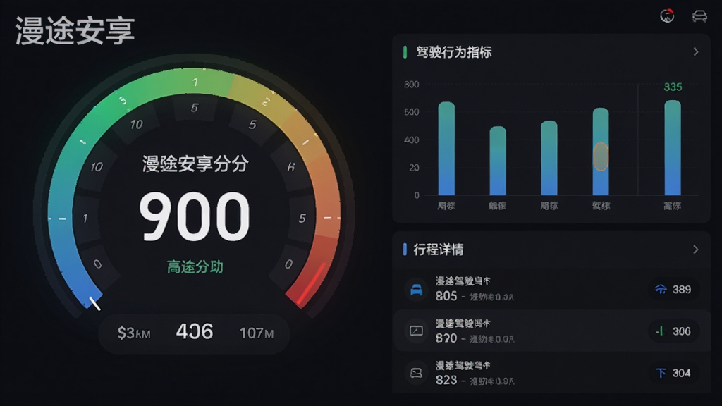 展示漫途安享驾驶行为分析功能的界面,画面左侧是驾驶评分仪表盘,显示一个高分数字,右侧是各项驾驶行为指标的柱状图,下方是行程详情列表,整体以深色背景为主,数据可视化元素丰富,画质清晰,左上角有“漫途安享”水印,无多余元素