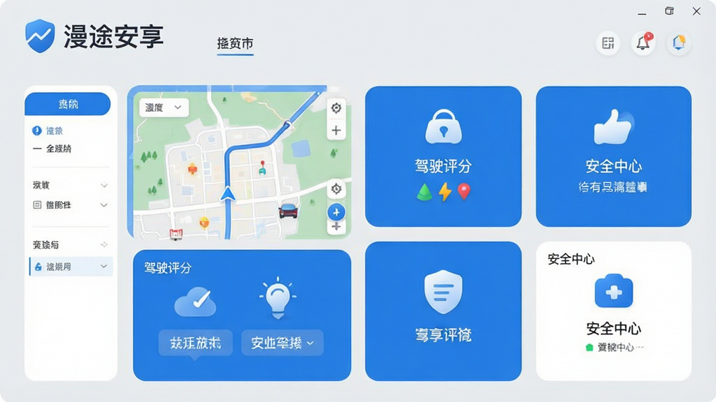 一张展示漫途安享软件主界面的高清截图,界面包含地图导航、驾驶评分、安全中心等核心功能模块,整体风格简洁现代,以蓝色和白色为主色调,图标设计圆润清晰,布局合理,画质细腻,背景为干净的浅灰色,突出软件名称“漫途安享”的Logo,整体画面干净无多余元素