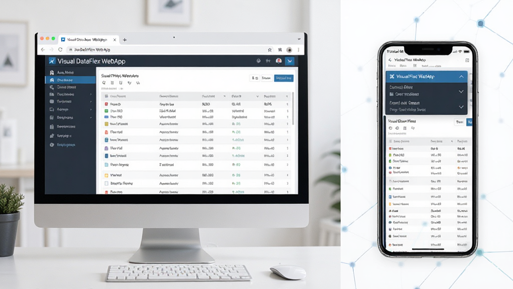 ���壺չʾVisual DataFlex WebApp���ֻ��͵����ϵ���Ӧʽ���ֶԱȡ����֣�����������������ʾ�����������Ҳ����ֻ�������ʾ�����˵��ͼ򻯲��֡��Ű棺���ҷ����Ա�չʾ����񣺼�����ҵ�Ƽ����ϸ�ڣ���Ļ����ʾ��ͬ��ҵ�����ݱ��񣬵��ֻ����Զ������˴�Ҫ�С����ʣ��߷ֱ��ʣ��ɾ����޶���Ԫ�ء�