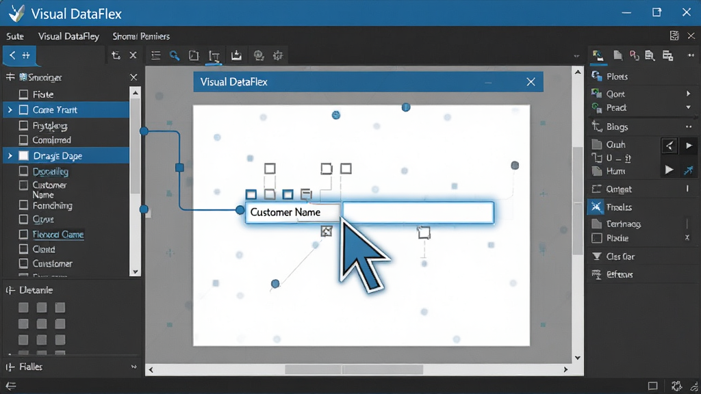 ���壺һ��Visual DataFlex�����������չʾ��ק�ֶε������Ĺ��̡����֣��м���������ƵĴ��ڣ�����������ֵ���ֶ��б����Ҳ��ǹ����䡣�Ű棺�����Ŀؼ����֣������߱�ʾ�󶨹�ϵ������ִ�UI��ƣ���ɫϵ������ʾ��ϸ�ڣ����ָ����קһ����Customer Name���ֶε��ı�����򣬽�����ʾ�󶨶����������С�Visual DataFlex����ʶ�����ʣ��������ɾ����޶���Ԫ�ء�