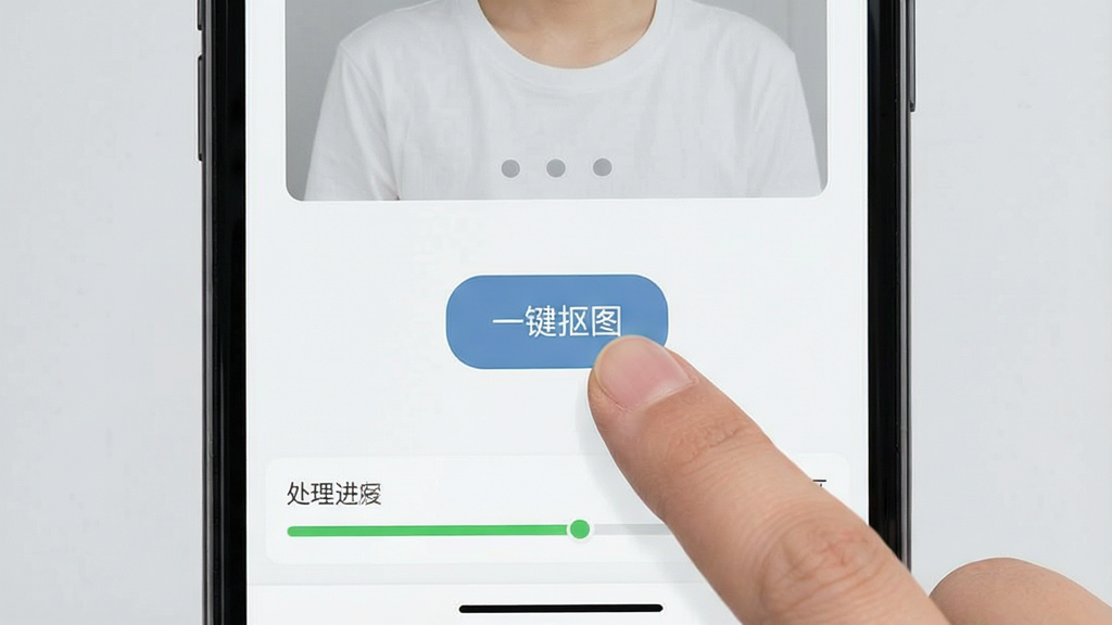 一键抠图软件的操作教程截图,展示手机端界面,手指点击“一键抠图”按钮,下方显示处理进度条,背景为浅灰色,干净整洁,画质高清,无多余元素