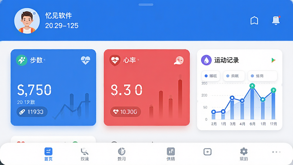 忆见软件主界面预览图,展示健康数据仪表盘与运动记录图表,界面采用蓝白主色调,卡片式布局,顶部显示用户头像与日期,中部为步数、心率、睡眠三大数据模块,底部为功能导航栏,整体风格现代简约,画质高清,干净无多余元素